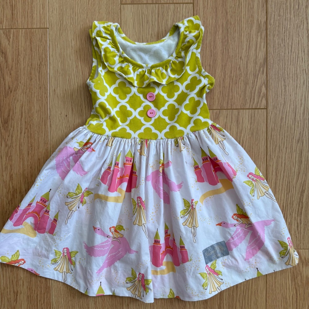 Eleanor Rose Dress Kids Size 4-5 Green Pink Fairy Castle Ruffle Sleeveless
